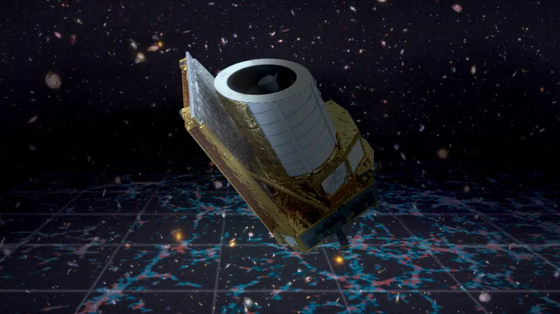 Artist impression of the Euclid mission in space. The spacecraft is white and gold and consists of three main elements: a flat sunshield, a large cylinder where the light from space will enter, and a 'boxy' bottom containing the instruments. Copyright: ESA/Euclid/Euclid Consortium/NASA. Background galaxies: NASA, ESA, and S. Beckwith (STScI) and the HUDF Team