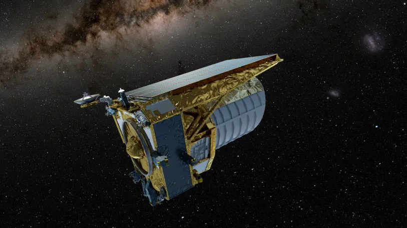 Artist impression of the Euclid mission in space. Euclid is designed to look far and wide to answer some of the most fundamental questions about our Universe: What are dark matter and dark energy? What role did they play in formation of the cosmic web? The mission will catalogue billions of distant galaxies by scanning across the sky with its sensitive telescope. Copyright: ESA