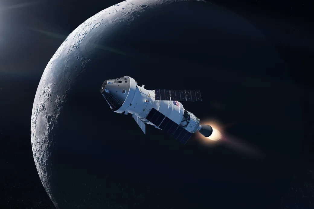 Orion spacecraft flies in outer space on orbit of Moon. Expedition to Moon. Elements of this image furnished by NASA.