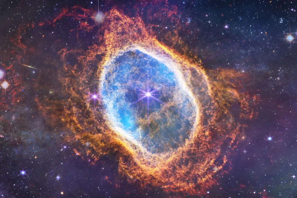 Southern Ring Nebula. Space collage from JWST. James webb telescope research of galaxies. Deep space. Elements of this image furnished by NASA
